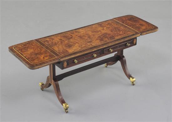 Denis Hillman. A Regency style banded burr walnut and rosewood banded miniature sofa table, width 4 1/8ins. (flaps down)